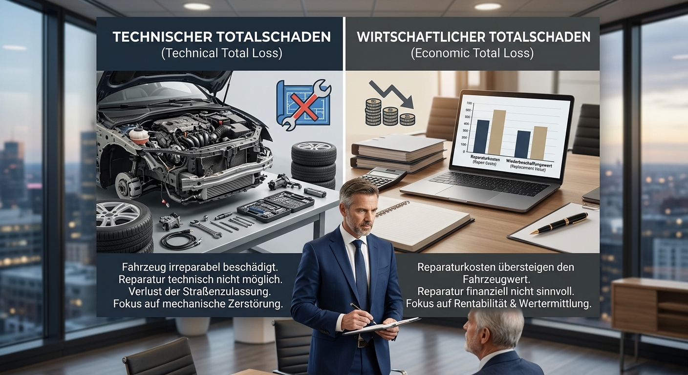 Eine detailreiche Illustration, die den Unterschied zwischen technischem und wirtschaftlichem Totalschaden verdeutlicht, dargestellt durch verschiedene Autoteile und Finanzsymbole.
