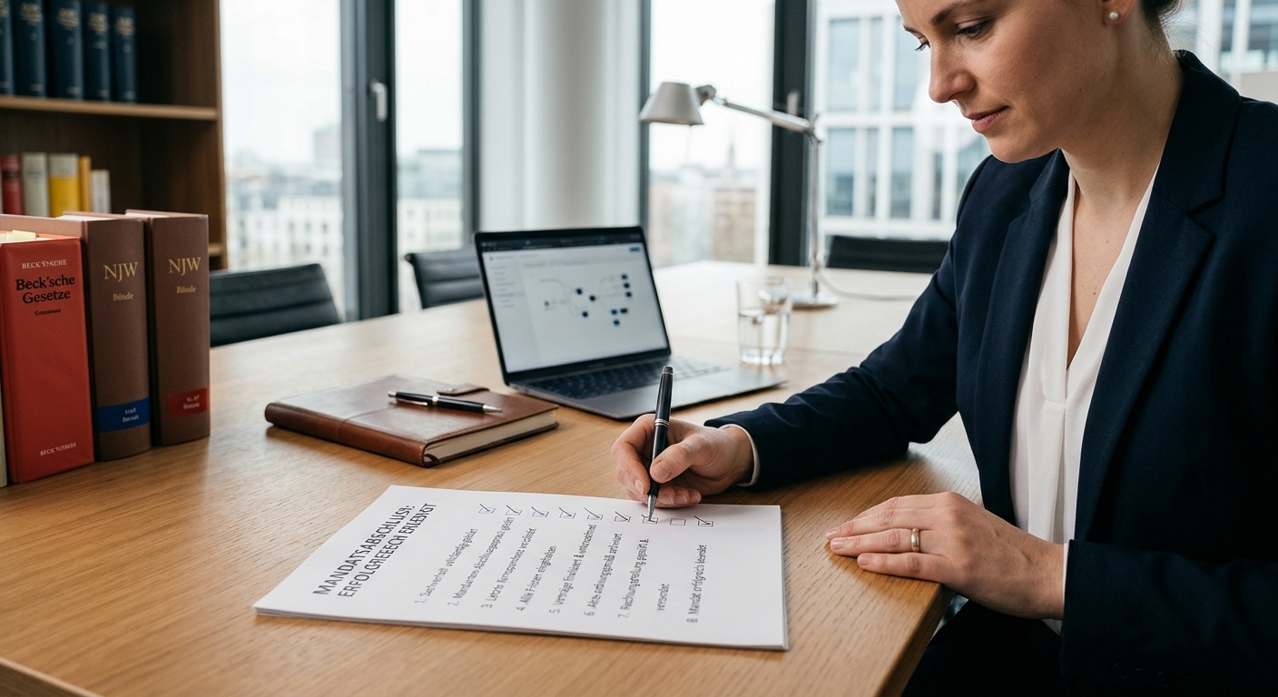 Eine Checkliste mit einem Häkchen symbolisiert die erfolgreiche Abwicklung eines Totalschadens durch professionelle Rechtsberatung und die Durchsetzung aller Ansprüche.