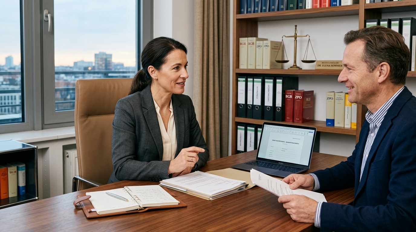 Ein professioneller Anwalt berät einen zufriedenen Klienten in einer modernen Kanzlei nach einem Autounfall. Dokumente und eine Waage der Gerechtigkeit symbolisieren Rechtsberatung und Schadenregulierung.