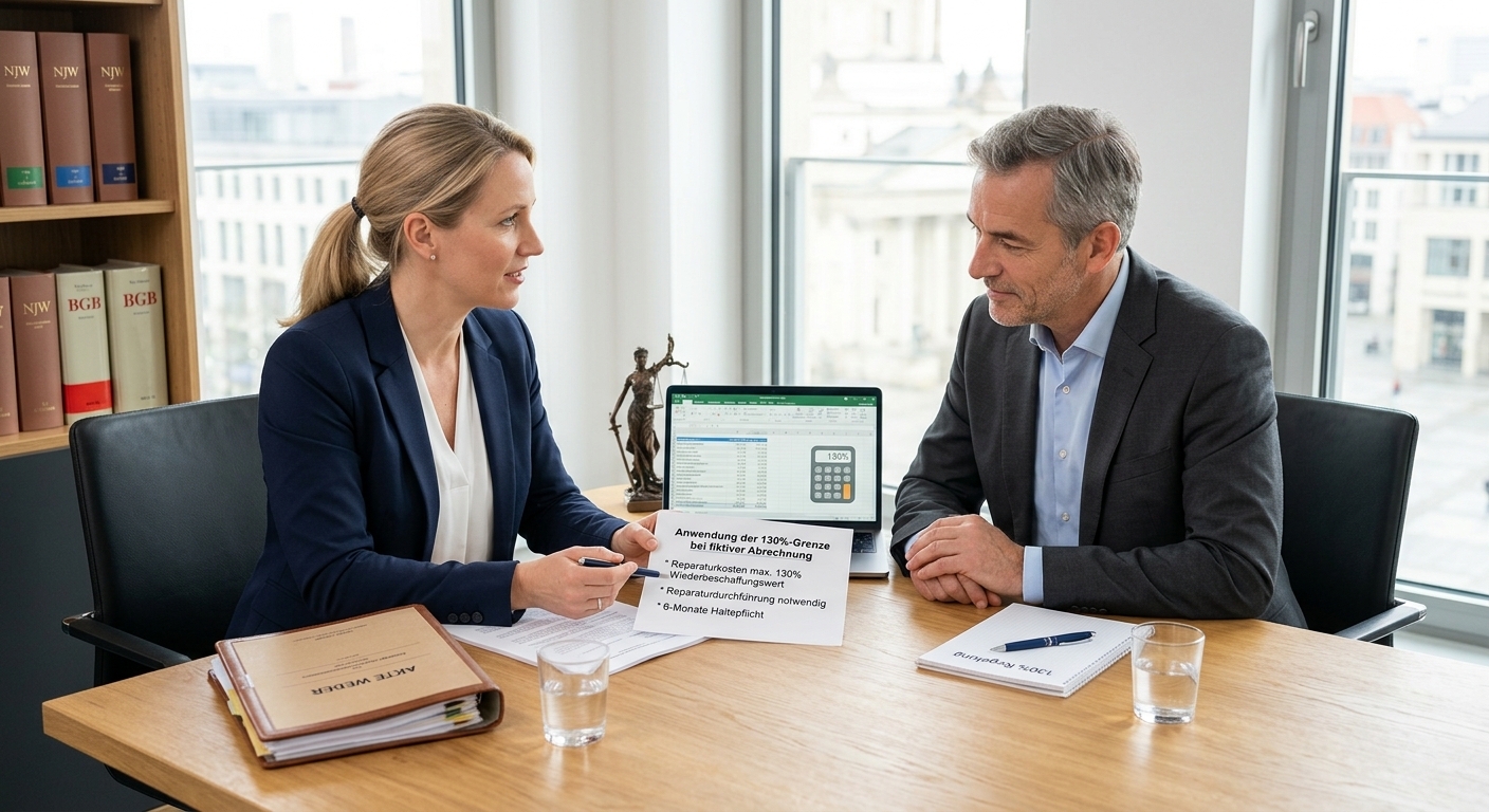 Ein Anwalt erklärt einem Klienten die 130%-Regel bei der Schadensregulierung, wobei Dokumente und eine Taschenrechner-Ikone die komplexen Berechnungen symbolisieren.