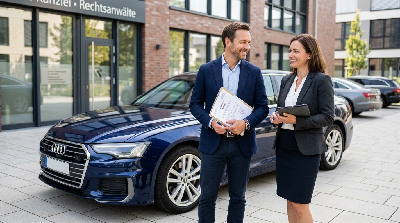 Ein zufriedener Autobesitzer neben seinem unbeschädigten Auto, während er Dokumente studiert, symbolisiert die finanzielle Freiheit durch fiktive Abrechnung.