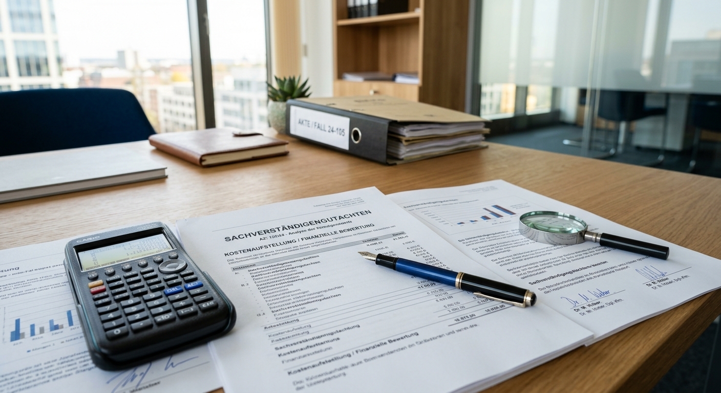 Dokumente und ein Stift auf einem Schreibtisch, um die detaillierte Kostenaufstellung und das Sachverständigengutachten bei der fiktiven Abrechnung darzustellen.