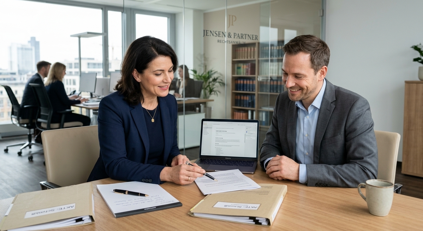 Ein Anwalt im Gespräch mit einem Klienten in einer modernen Kanzlei, um die rechtlichen Grundlagen der fiktiven Abrechnung zu erläutern.