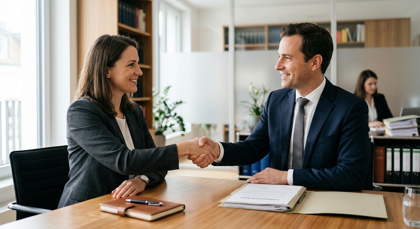 Ein sicherer Handschlag zwischen einem Anwalt und einem Klienten nach erfolgreicher Durchsetzung von Ansprüchen, symbolisiert den Abschluss und die Zufriedenheit.