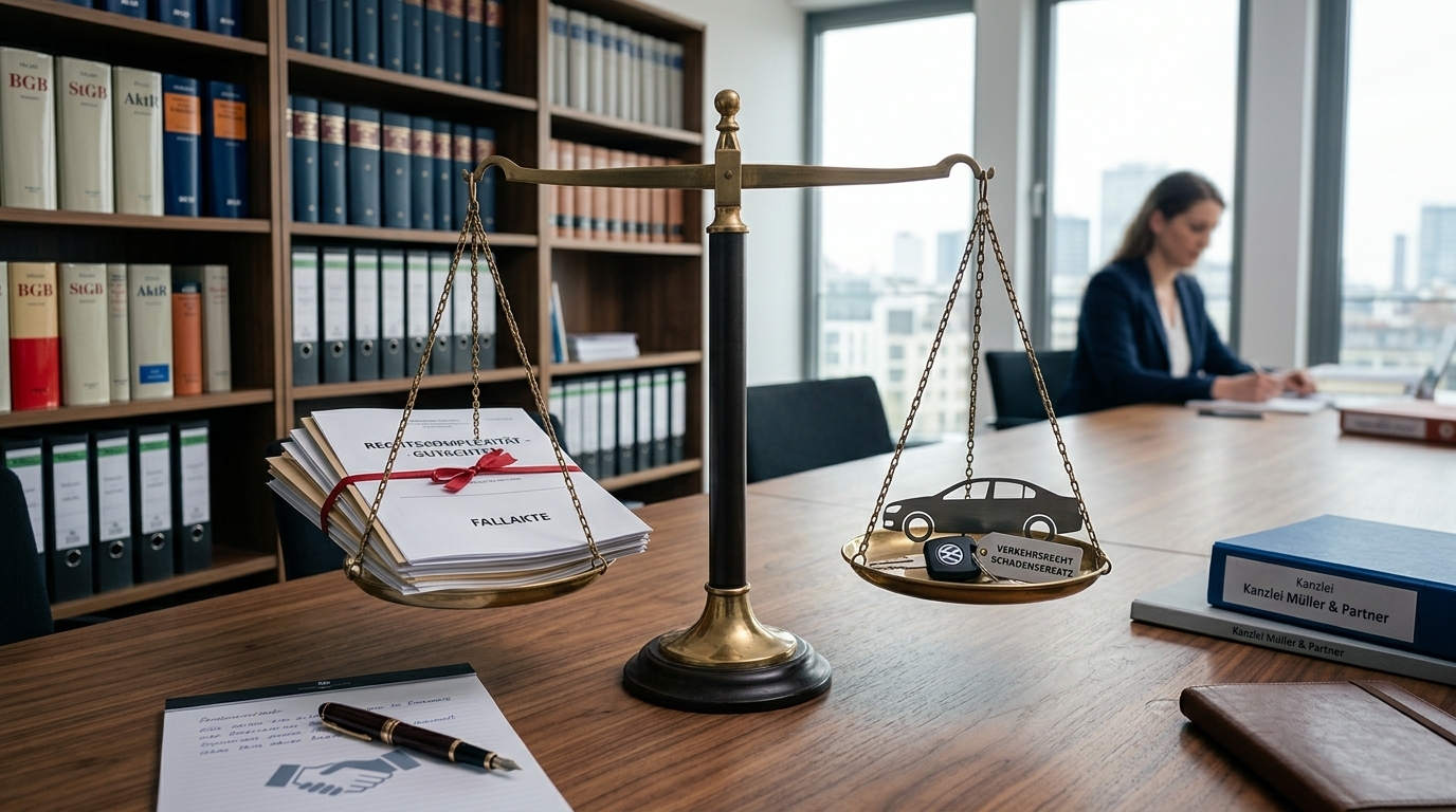 Eine illustrierte Szene, die die Komplexität der Schuldfrage bei einem Auffahrunfall symbolisiert, mit einem Fokus auf die Waage der Gerechtigkeit.