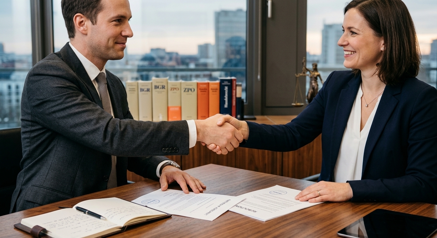 Ein Anwalt und ein Klient, die eine Einigung erzielen und sich die Hand schütteln, symbolisierend das erfolgreiche Ergebnis einer Rechtsberatung nach einem Unfall.