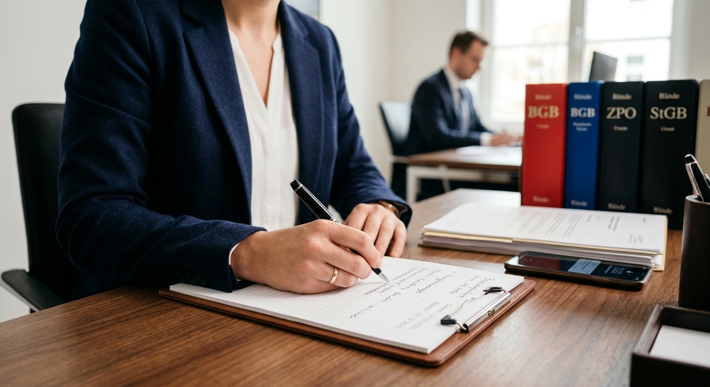 Eine Person, die sich Notizen macht oder Beweise sammelt, um den Anscheinsbeweis bei einem Auffahrunfall zu erschüttern.