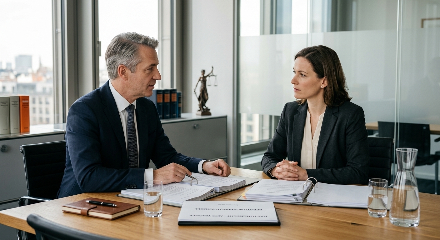 Eine professionelle Darstellung eines Beratungsgesprächs, das die Komplexität von Sonderfällen bei Auffahrunfällen wie Kettenreaktionen oder Autobahnunfällen hervorhebt.