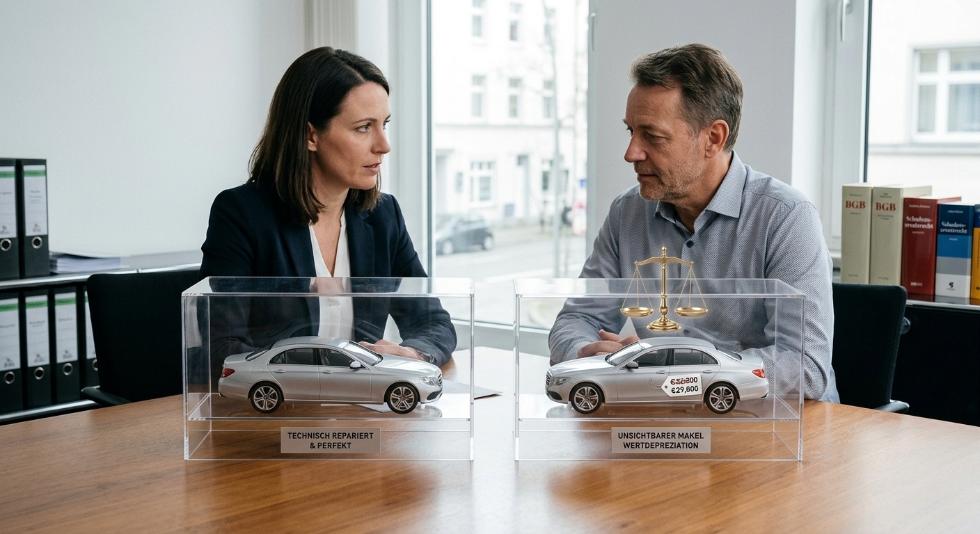 Eine Illustration der Unterscheidung zwischen technischer und merkantiler Wertminderung, dargestellt durch zwei schematische Autos, wobei das eine makellos und das andere mit einem unsichtbaren, aber vorhandenen 'Makel' versehen ist, symbolisiert durch eine Waage oder ein Preisschild.