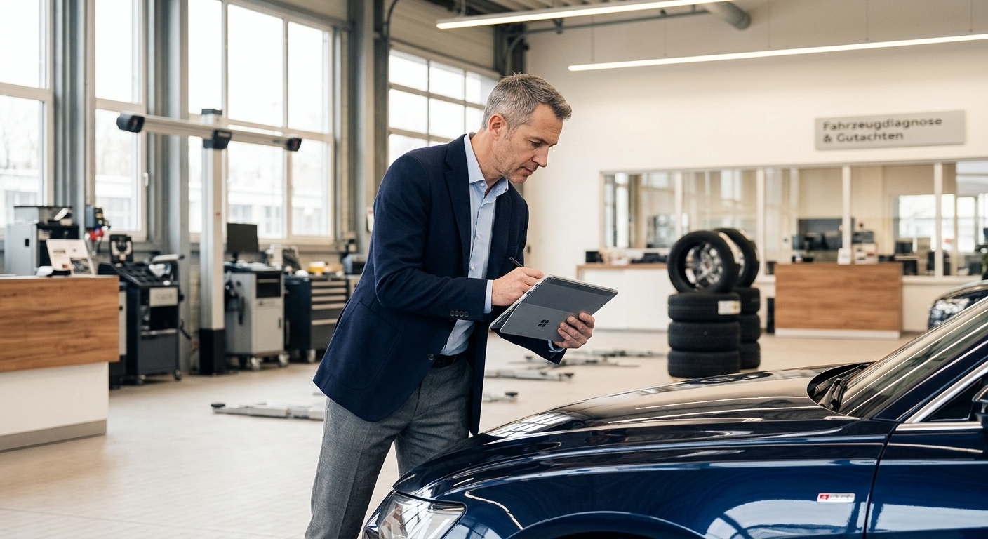 Ein professioneller Kfz-Sachverständiger, der konzentriert ein Auto inspiziert, während er Notizen macht, um Expertise und Gründlichkeit bei der Wertermittlung darzustellen.