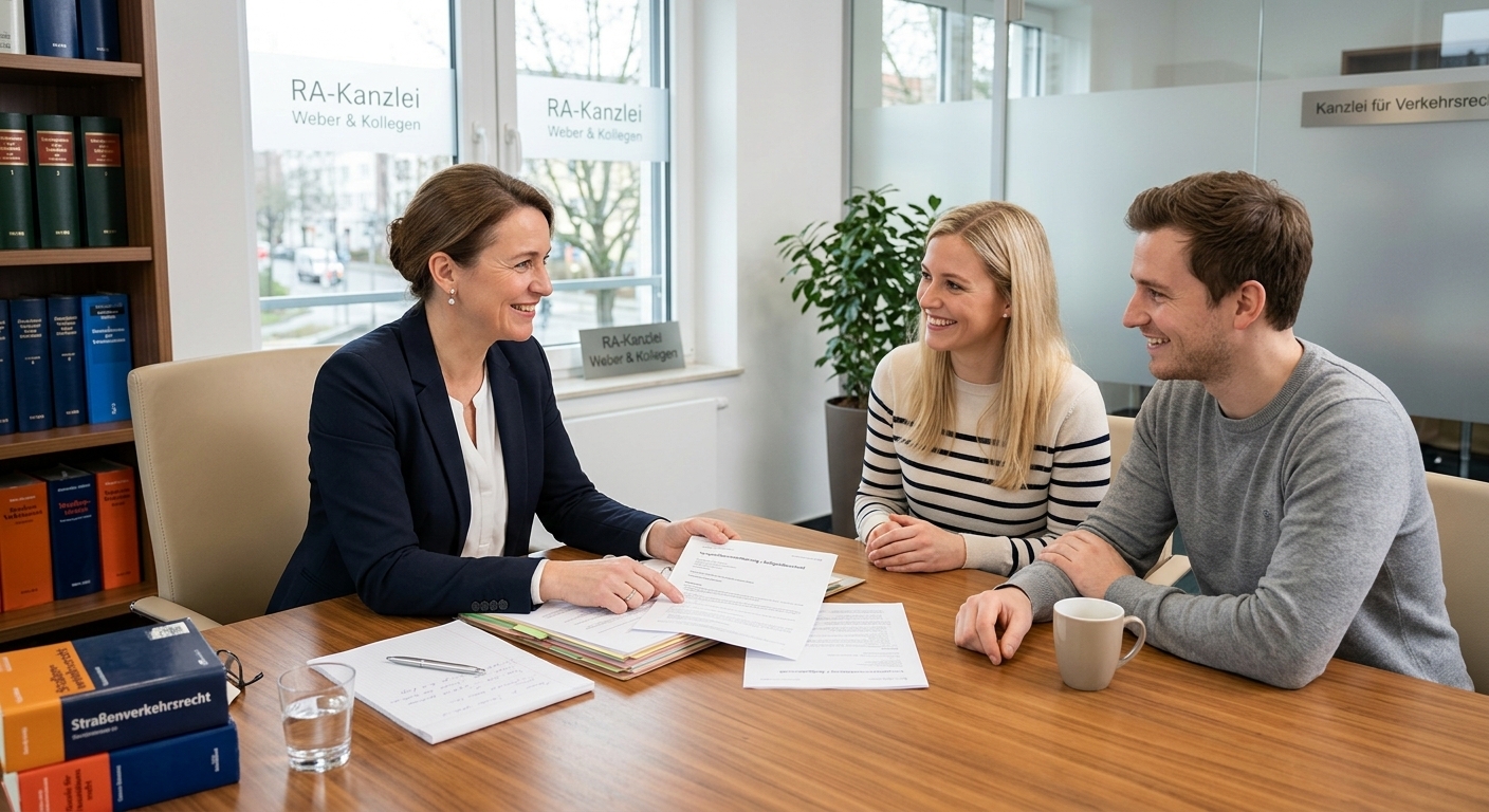Ein Anwalt für Verkehrsrecht berät ein zufriedenes Paar in einem hellen, modernen Büro. Der Fokus liegt auf der positiven Interaktion und der Unterstützung durch Rechtsexperten.