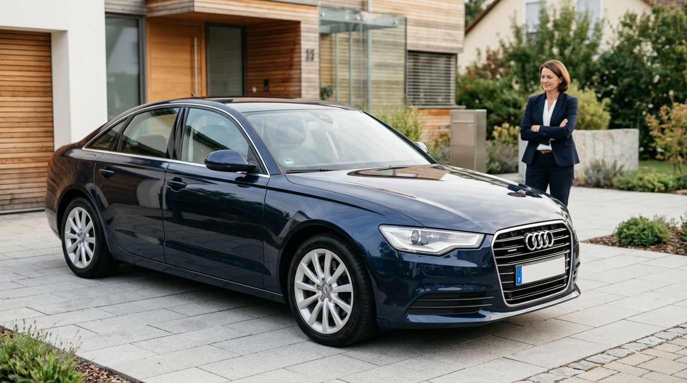 Ein modernes, glänzendes Auto, das frisch repariert wurde und wie neu aussieht, aber mit einer subtilen Andeutung von Bedenken im Hintergrund des Besitzers. Das Bild soll Professionalität und Sauberkeit vermitteln.