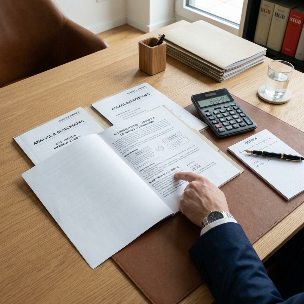 Ein Schreibtisch mit Dokumenten und einem Stift, der die sorgfältige Analyse und Berechnung von Zeiträumen für einen Mietwagen symbolisiert.