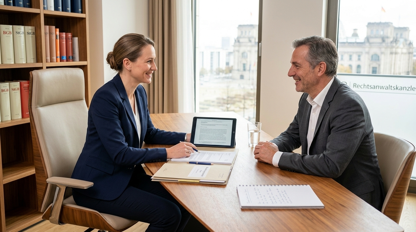 Professionelle Beratung zu Mobilität und Rechten nach einem unverschuldeten Vorfall mit einem Anwalt in einer modernen Kanzlei.