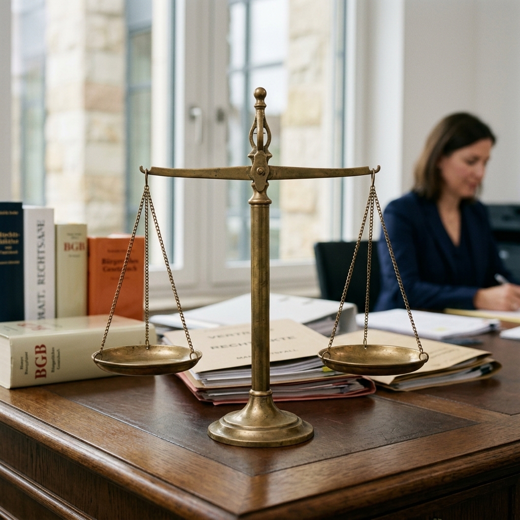 Symbolische Darstellung der Waage der Gerechtigkeit im Kontext rechtlicher Ansprüche nach einem Verkehrsvorfall.