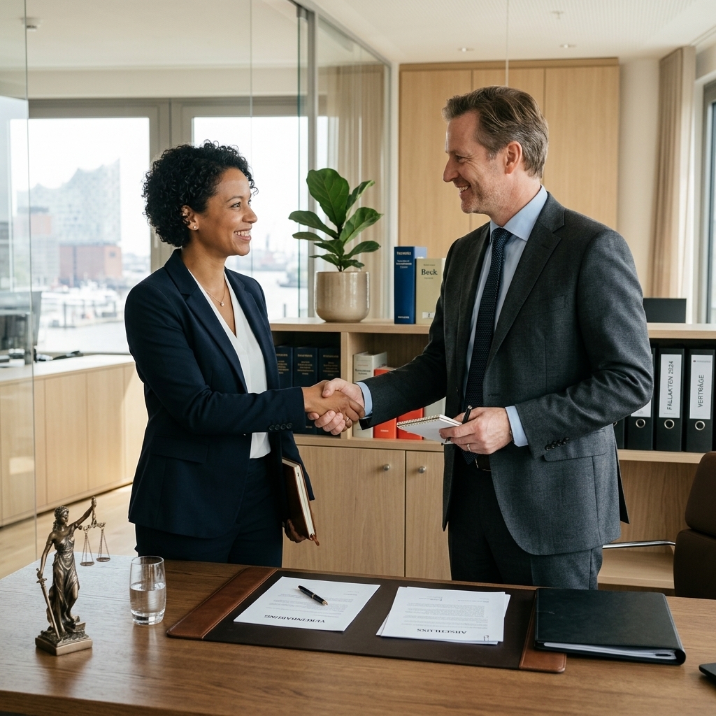 Zwei zufriedene, professionelle Personen schütteln sich die Hände, symbolisch für eine erfolgreiche Rechtsberatung und Problemlösung.
