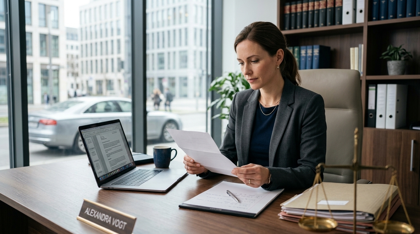 Eine Person sitzt besorgt an einem Schreibtisch und hält einen Brief einer Versicherung in der Hand, während im Hintergrund ein Auto dezent erkennbar ist. Fokussiert auf die Besorgnis über Versicherungsprüfberichte.