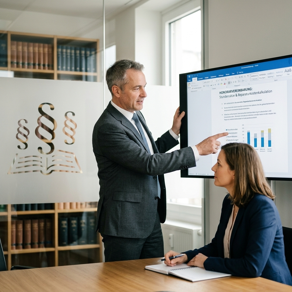 Ein Anwalt erklärt einer Person auf einem Tablet oder Bildschirm die Rechtslage zu Reparaturkosten und Stundenverrechnungssätzen, wobei Rechtsparagraphen symbolisch im Hintergrund stehen.