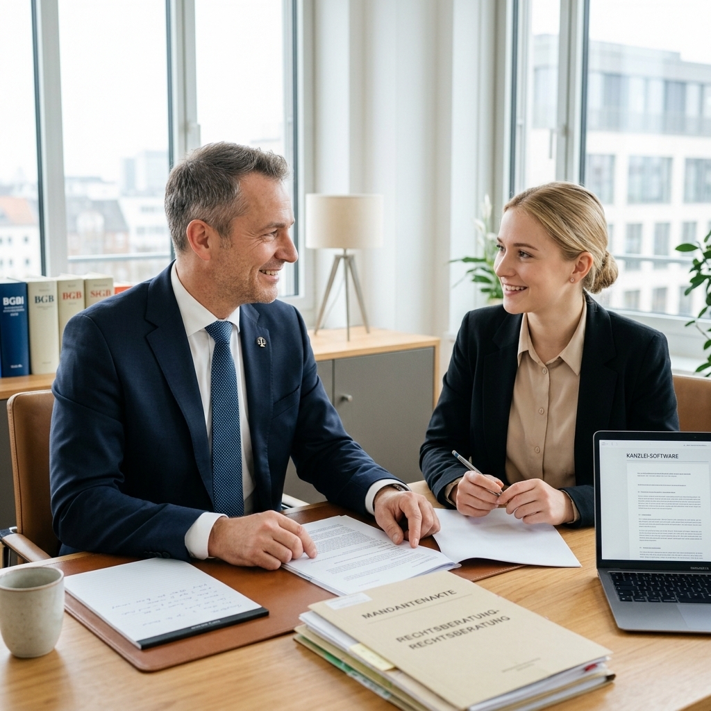 Eine junge Frau wird von einem freundlichen und vertrauenswürdigen Anwalt in einer modernen Kanzlei beraten, wobei auf einem Tisch Dokumente und ein Laptop liegen.