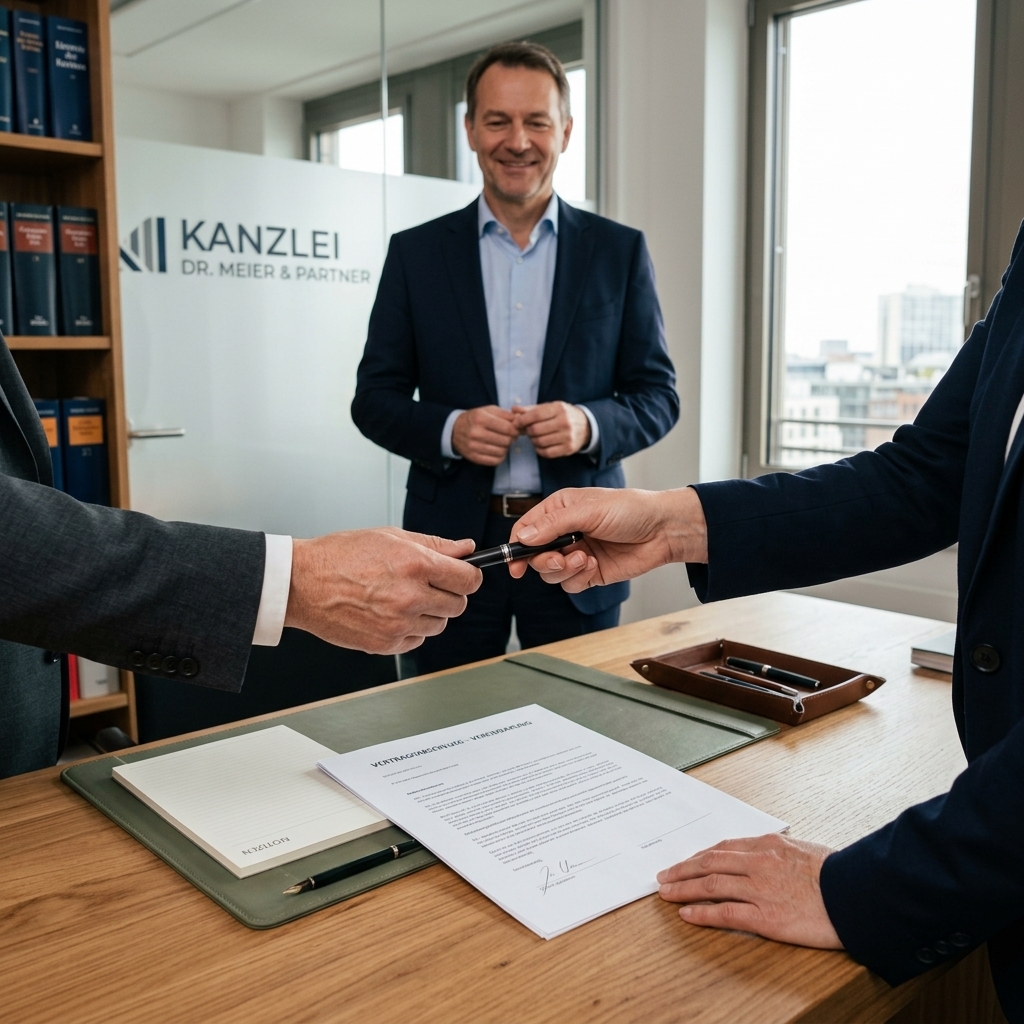 Eine Hand reicht einer anderen Hand einen Kugelschreiber, um ein Dokument zu unterschreiben, während im Hintergrund ein Anwalt zustimmend lächelt. Es symbolisiert die erfolgreiche Einigung und Unterstützung.