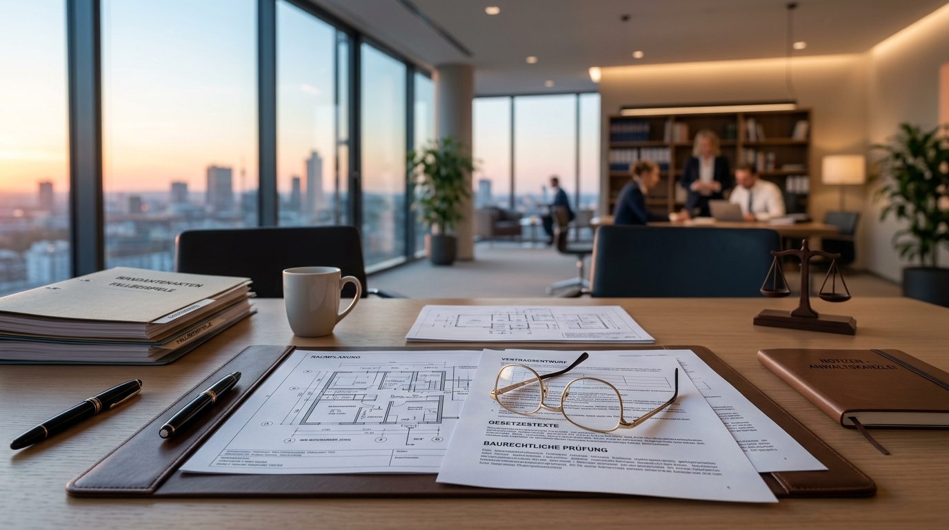 Ein weites Landschaftsbild, das den Übergang von Verwirrung zu Klarheit im Kontext rechtlicher Unterstützung symbolisiert. Im Vordergrund sind schematische Dokumente und eine Brille auf einem aufgeräumten Schreibtisch zu sehen, was Sorgfalt und Detailgenauigkeit symbolisiert. Im Hintergrund, etwas verschwommen, deutet sich eine moderne Büroumgebung an. Eine aufgehende Sonne beleuchtet die Szene und steht für neue Perspektiven und Hoffnung. Das Bild strahlt Professionalität, Ordnung und positive Entwicklung aus.