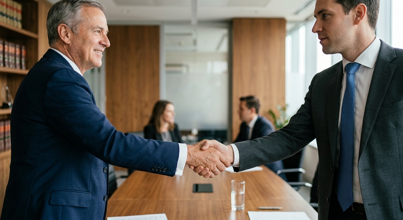 Eine Nahaufnahme von zwei Geschäftspartnern, die sich die Hand schütteln, mit einem leichten Fokus auf die Hände, die Stärke und Einigkeit symbolisieren. Im verschwommenen Hintergrund ist ein moderner Besprechungsraum oder eine Kanzlei angedeutet. Das Bild strahlt Vertrauen, Zusammenarbeit und eine erfolgreiche Einigung aus.