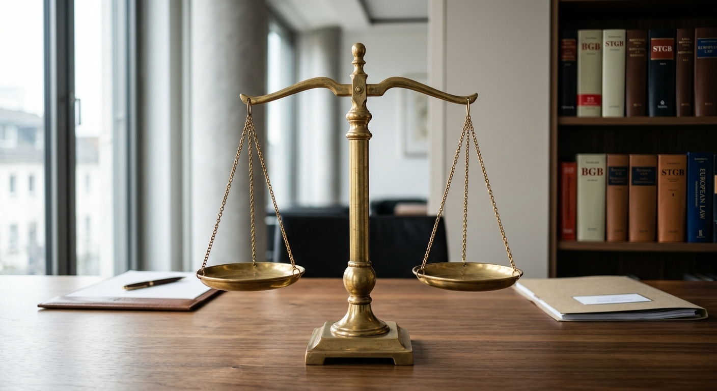 Eine stilvolle goldene Waage der Gerechtigkeit, die perfekt ausbalanciert ist, vor einem dezent beleuchteten Hintergrund. Die Waage symbolisiert Fairness und ausgewogene Entscheidungen. Die Umgebung ist minimalistisch und elegant, ohne menschliche Figuren, um die universelle Gültigkeit des Prinzips der Gerechtigkeit zu betonen. Das Licht fällt sanft auf die Waage und hebt ihre Symmetrie hervor.