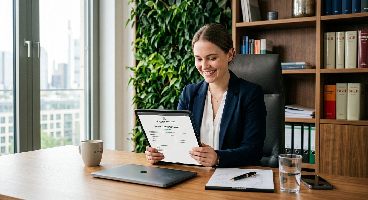 Eine junge Frau sitzt entspannt an einem Schreibtisch in einem modernen Büro und lächelt, während sie eine digitale Vertragsbestätigung auf einem Tablet betrachtet. Im Hintergrund sind aufgeräumte Regale und eine Pflanzenwand zu sehen, die für ein angenehmes und professionelles Arbeitsumfeld sorgen. Das Bild vermittelt Sicherheit, Zufriedenheit und den reibungslosen Ablauf nach einer erfolgreichen Rechtsberatung.