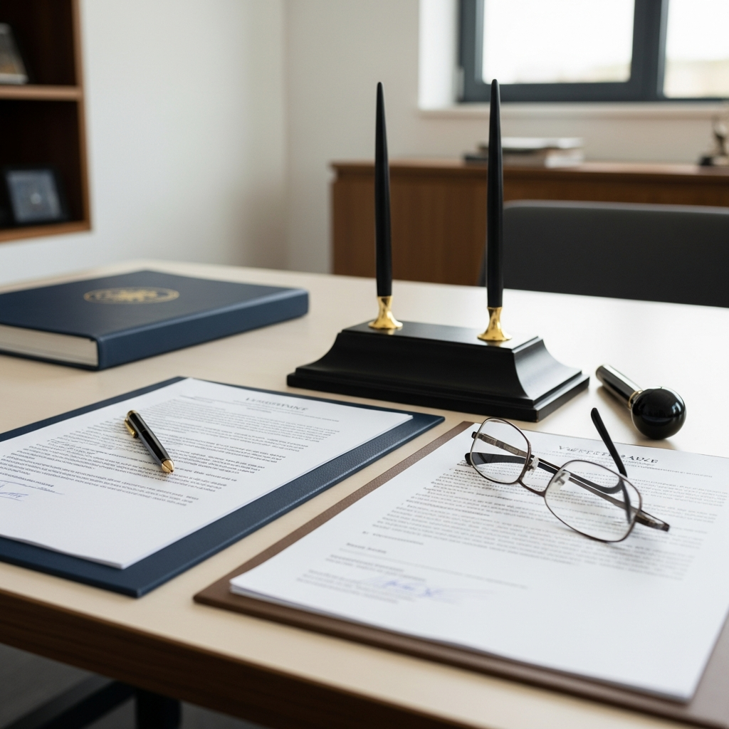 Ein aufgeräumter Schreibtisch mit juristischen Dokumenten, einem Stift und einer Brille, die den Beginn einer sorgfältigen Prüfung und Analyse symbolisiert.