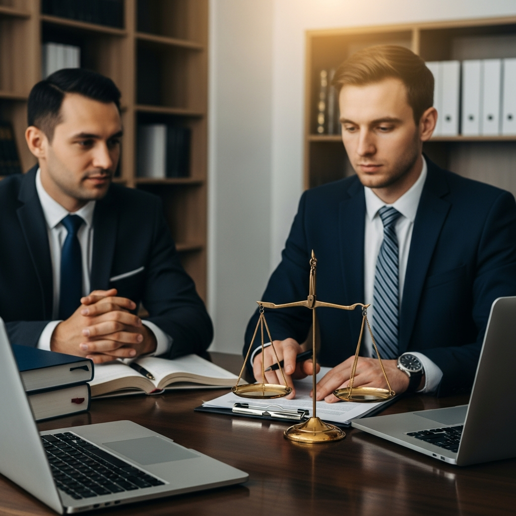 Eine symbolische Darstellung der Waage der Justiz, perfekt ausbalanciert, auf einer eleganten Oberfläche in einer hellen, modernen Umgebung, die Fairness und die erfolgreiche Lösung einer Rechtsangelegenheit darstellt.