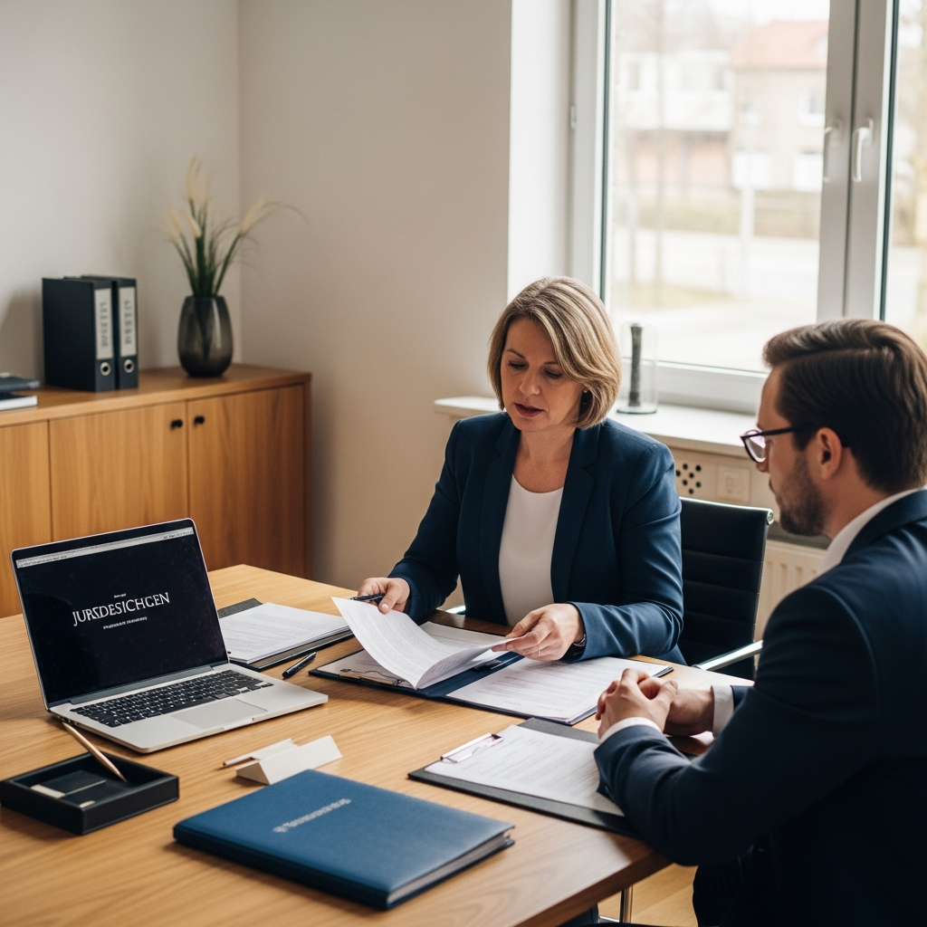 Ein professionelles Beratungsgespräch in einer modernen Anwaltskanzlei, bei dem ein Anwalt und ein Klient Dokumente besprechen und Vertrauen entsteht.
