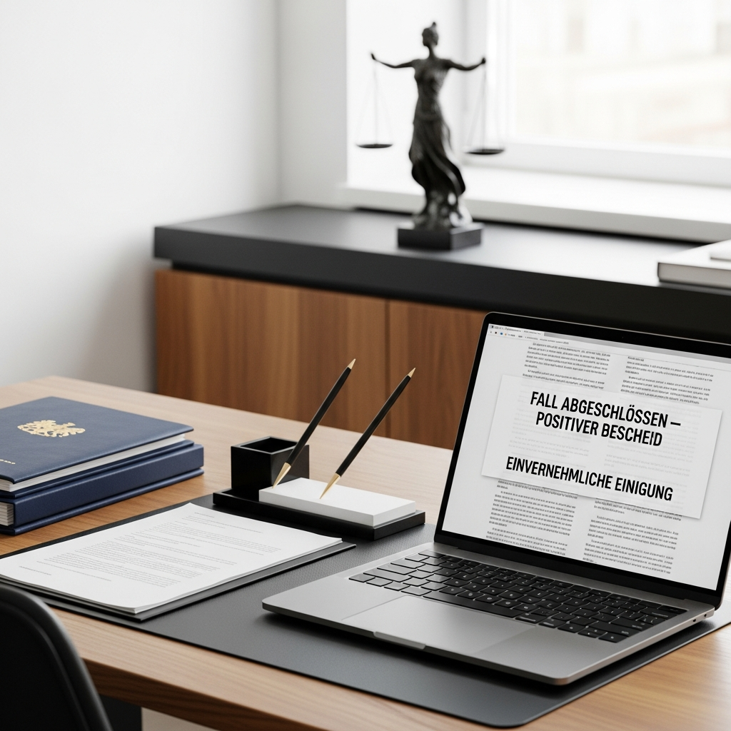 Ein modernes, ruhiges Büro mit aufgeräumtem Schreibtisch und Dokumenten, die eine klare Lösung symbolisieren, unterstützt durch eine Waage der Gerechtigkeit im Hintergrund.