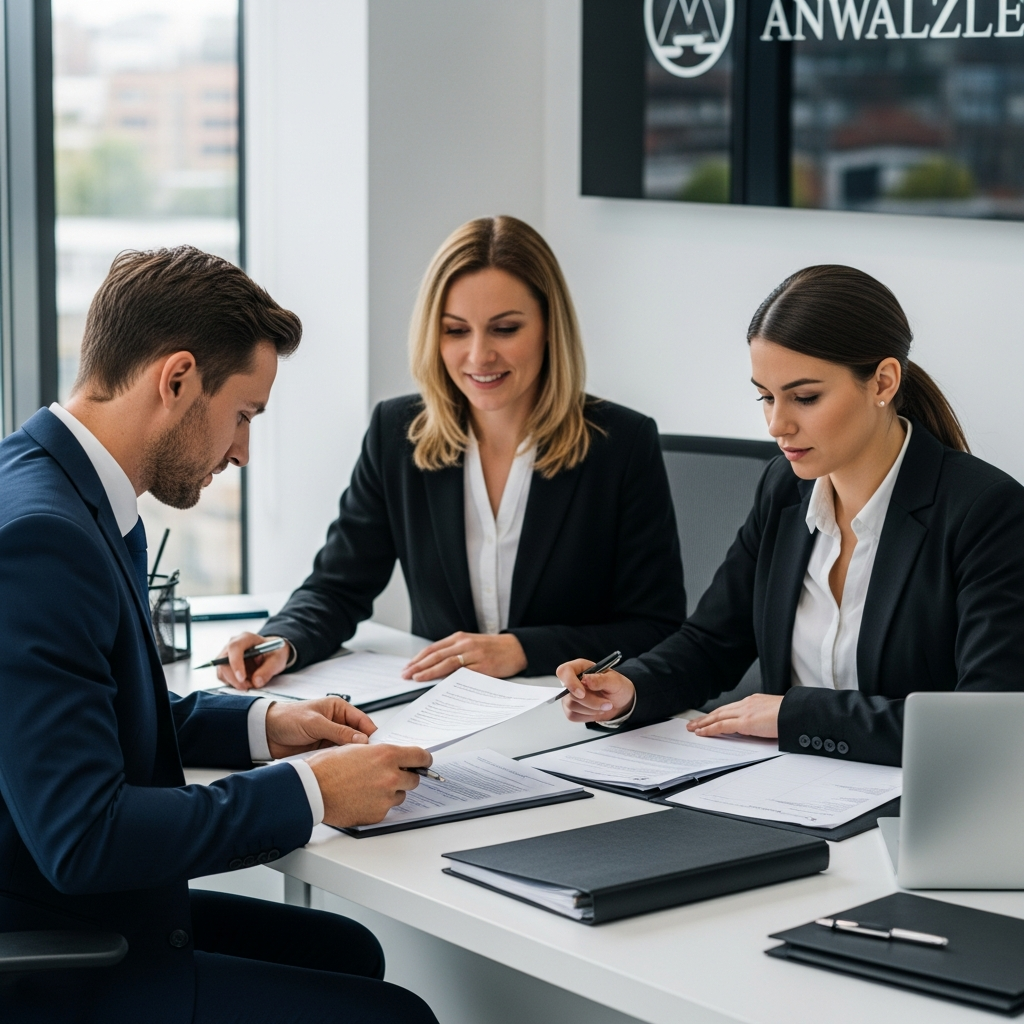 Eine Person sitzt selbstbewusst an einem Tisch, betrachtet juristische Dokumente, mit einer Fachanwältin im Hintergrund, die Unterstützung und Stärke vermittelt, symbolisiert durch eine schützende Geste oder ein klares Gespräch.