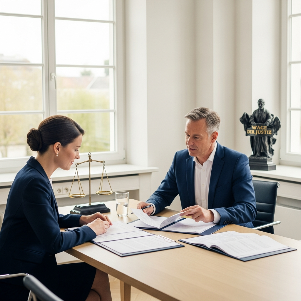 Ein vertrauensvolles Beratungsgespräch zwischen einem Klienten und einer Anwältin in einer hellen, modernen Kanzlei, während sie sich über wichtige Dokumente beugen und eine Lösung besprechen.