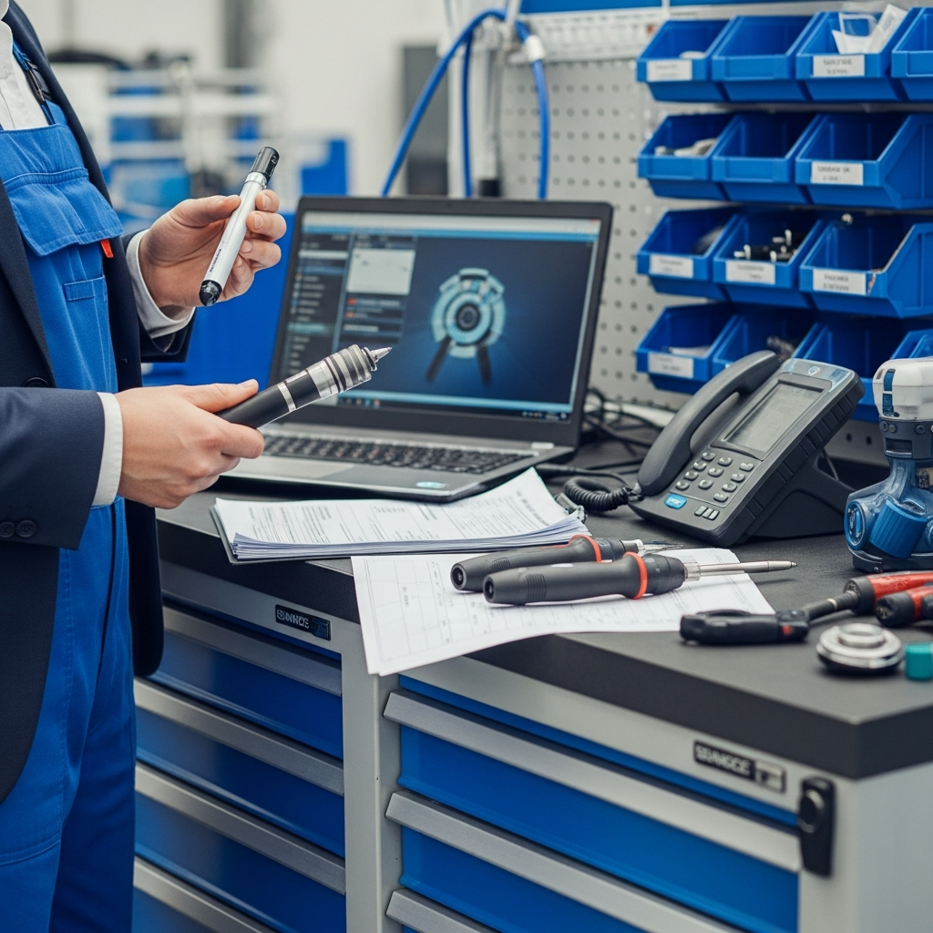 Nahaufnahme eines Kfz-Sachverständigen bei der professionellen Begutachtung eines Fahrzeugs, Notizen machend, mit modernen Werkzeugen und einem Klemmbrett, das Präzision und Fachwissen darstellt.