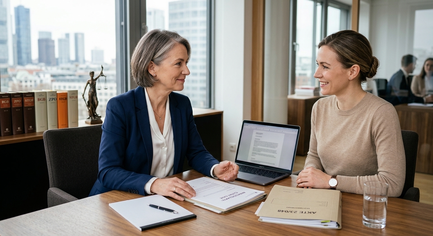 Eine professionelle Szene, die einen Anwalt zeigt, der einen Klienten in einer modernen Kanzleiumgebung berät, um den Anspruch auf Schmerzensgeld zu erklären und Vertrauen in die rechtliche Unterstützung zu vermitteln.