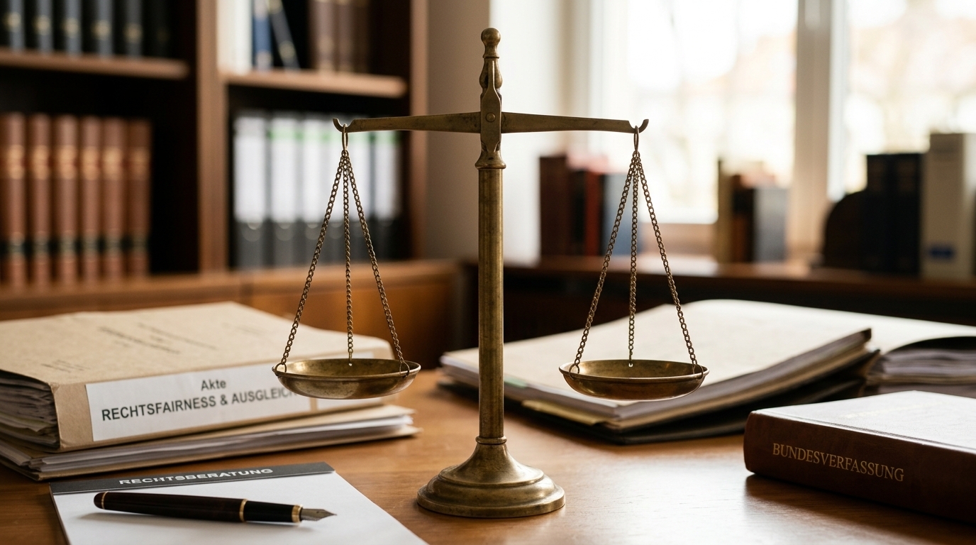 Eine detailreiche Illustration der Justizwaage, die Gerechtigkeit und fairen Ausgleich symbolisiert, mit einem unscharfen Hintergrund, der die Bedeutung der rechtlichen Unterstützung hervorhebt. Dieses Bild wird im Breitbildformat, 16:9, für den Kopf des Blogbeitrags verwendet.