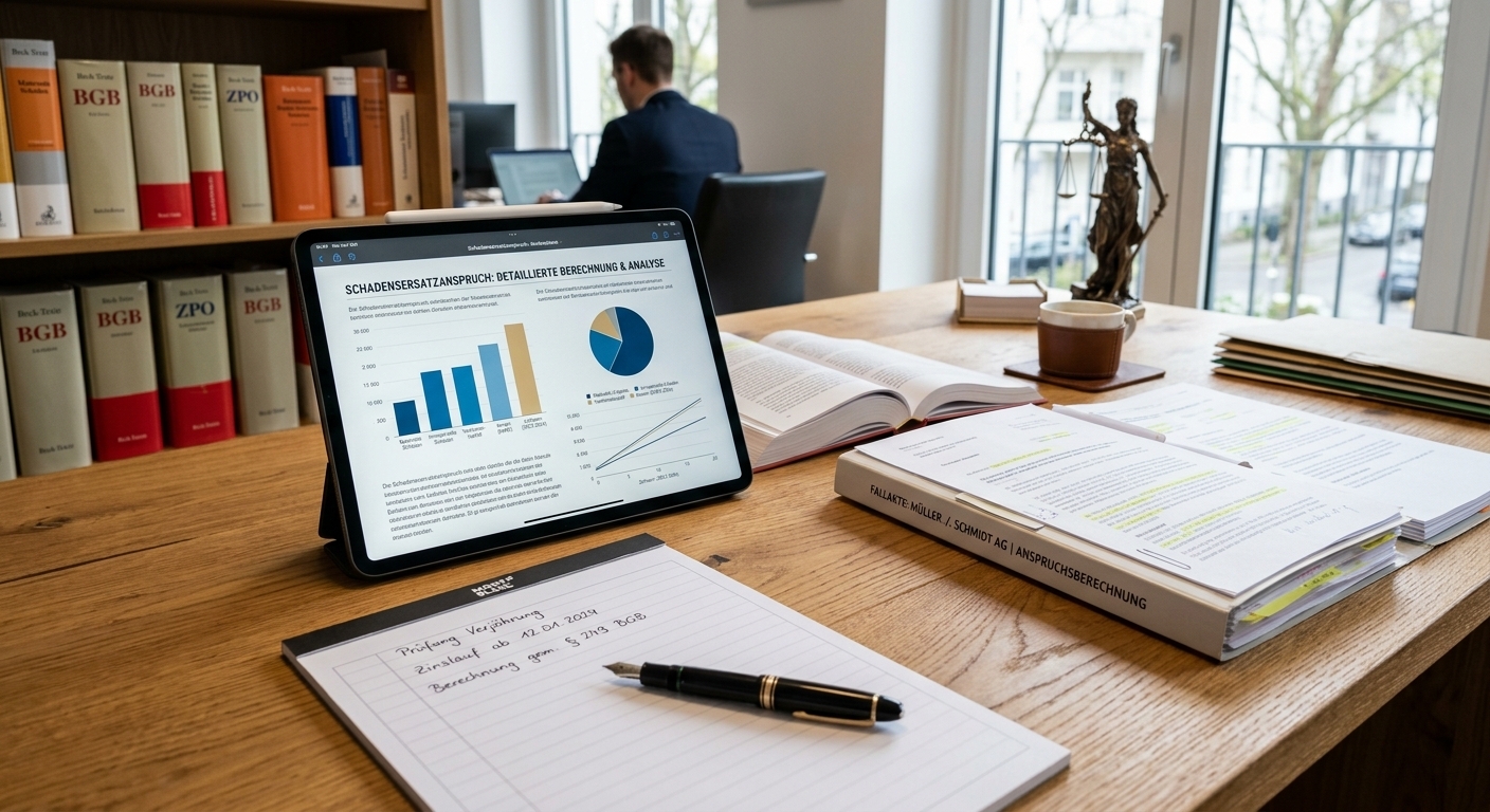 Ein übersichtlicher Schreibtisch mit juristischen Dokumenten, einem Stift und einem Tablet, auf dem eine Tabelle oder wichtige Informationen angezeigt werden, symbolisiert die detaillierte und individuelle Berechnung von Schmerzensgeld.