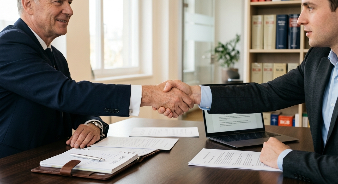 Eine Person reicht einer anderen Person über einem Schreibtisch eine Hand, was die Unterstützung und das Vertrauen durch einen Anwalt symbolisiert und den Lesern zeigt, dass sie nicht allein sind.