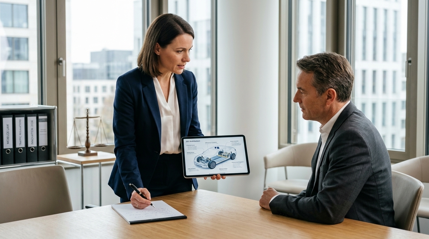 Eine professionelle Szene, die Planung und Verständnis für zukünftige Mobilität symbolisiert. Ein Auto-Grundriss auf einem Tablet oder Bauplan wird betrachtet, was einen strukturierten Ansatz zur Problemlösung darstellt.