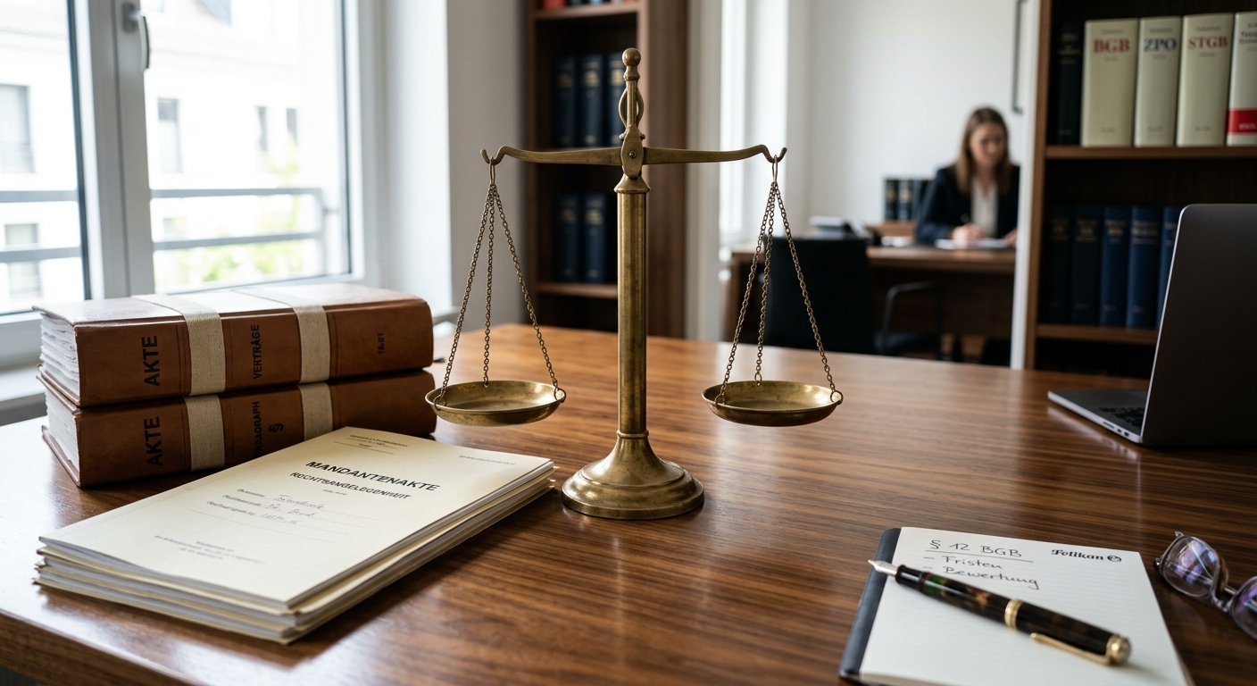 Eine Nahaufnahme einer ausgewogenen Waage der Gerechtigkeit auf einem Schreibtisch, um Fairness, Gesetzmäßigkeit und professionelle Entschädigung zu symbolisieren.