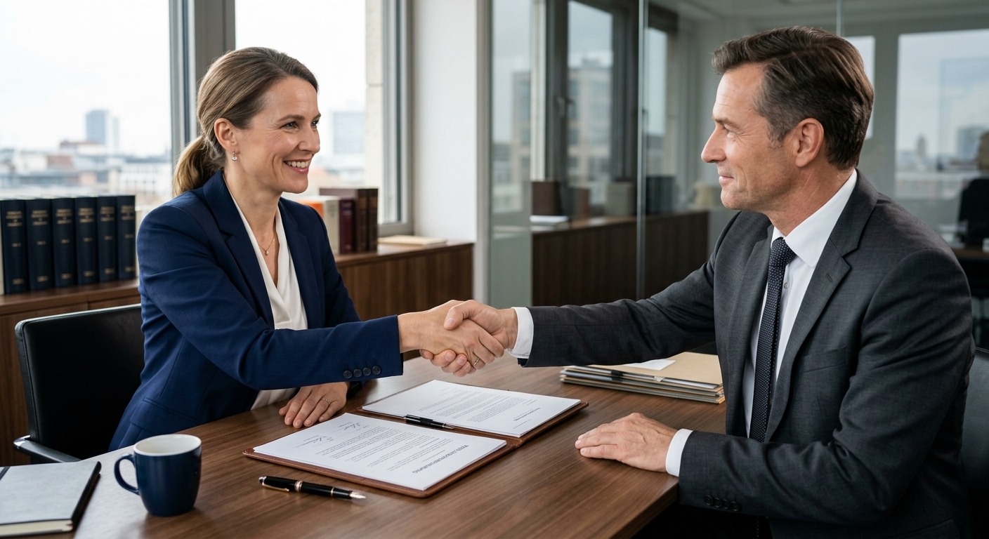 Zwei Personen (ein Fachmann und ein Klient) geben sich die Hand über einem organisierten Schreibtisch, um Vertrauen, erfolgreiche Lösung und professionelle rechtliche Unterstützung darzustellen.
