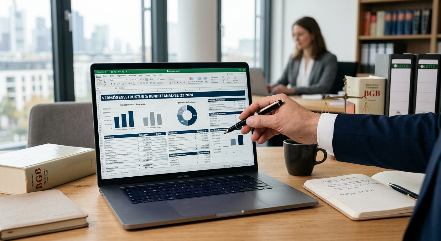 Ein moderner Schreibtisch mit einem Laptop, der eine Tabelle oder Infografik mit Finanzdaten und Zahlen anzeigt, um detaillierte Berechnungen und Analysen zu verdeutlichen.