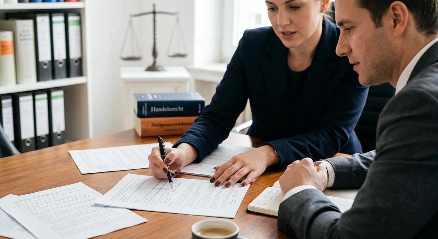 Eine Nahaufnahme eines professionellen Anwalts, der sich über wichtige Dokumente beugt und wichtige Details mit einem Stift markiert, während er einem aufmerksamen Klienten in einem aufgeräumten, modernen Büro beratend zur Seite steht.