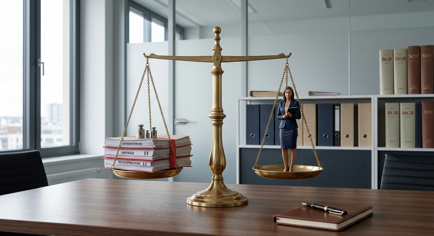 Ein ausgewogenes Waagensymbol der Justiz, bei dem eine Seite von einem Stapel Dokumente und einem stilisierten Anwalt repräsentiert wird, die die andere Seite ausgleicht, symbolisierend Waffengleichheit und faire rechtliche Vertretung.