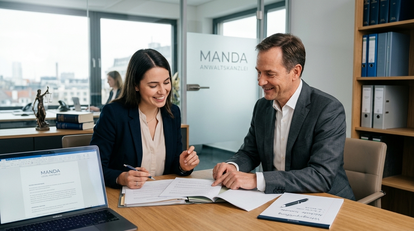 Eine junge Frau lächelt entspannt und erleichtert, während sie an einem modernen Schreibtisch sitzt, auf dem einige rechtliche Dokumente und ein Laptop liegen, und sich mit einem freundlichen Anwalt unterhält. Ein helles, professionelles Büroambiente.