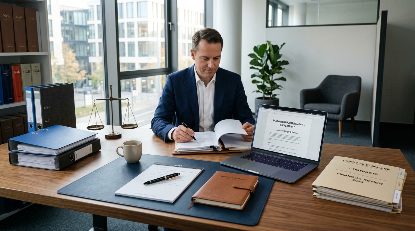 Eine ruhige Büroansicht mit einem Schreibtisch, Dokumenten und einem Stift, der finanzielle Sicherheit und Ordnung symbolisiert.