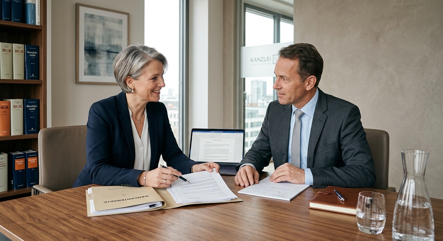 Ein Anwalt im Gespräch mit einem Klienten an einem modernen Konferenztisch, der Beratung und Unterstützung symbolisiert.
