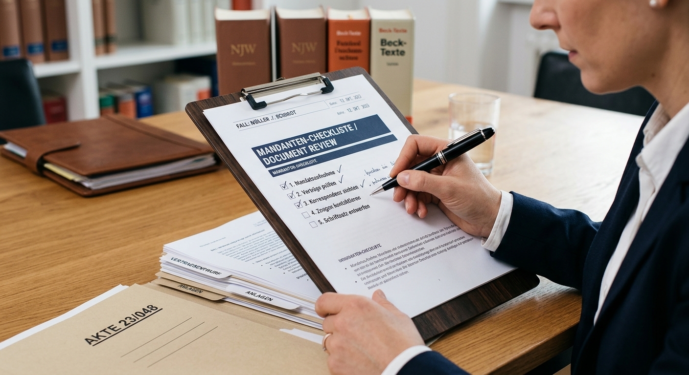 Eine Checkliste oder Notizen auf einem Klemmbrett, um die Wichtigkeit der Dokumentation und Organisation hervorzuheben.