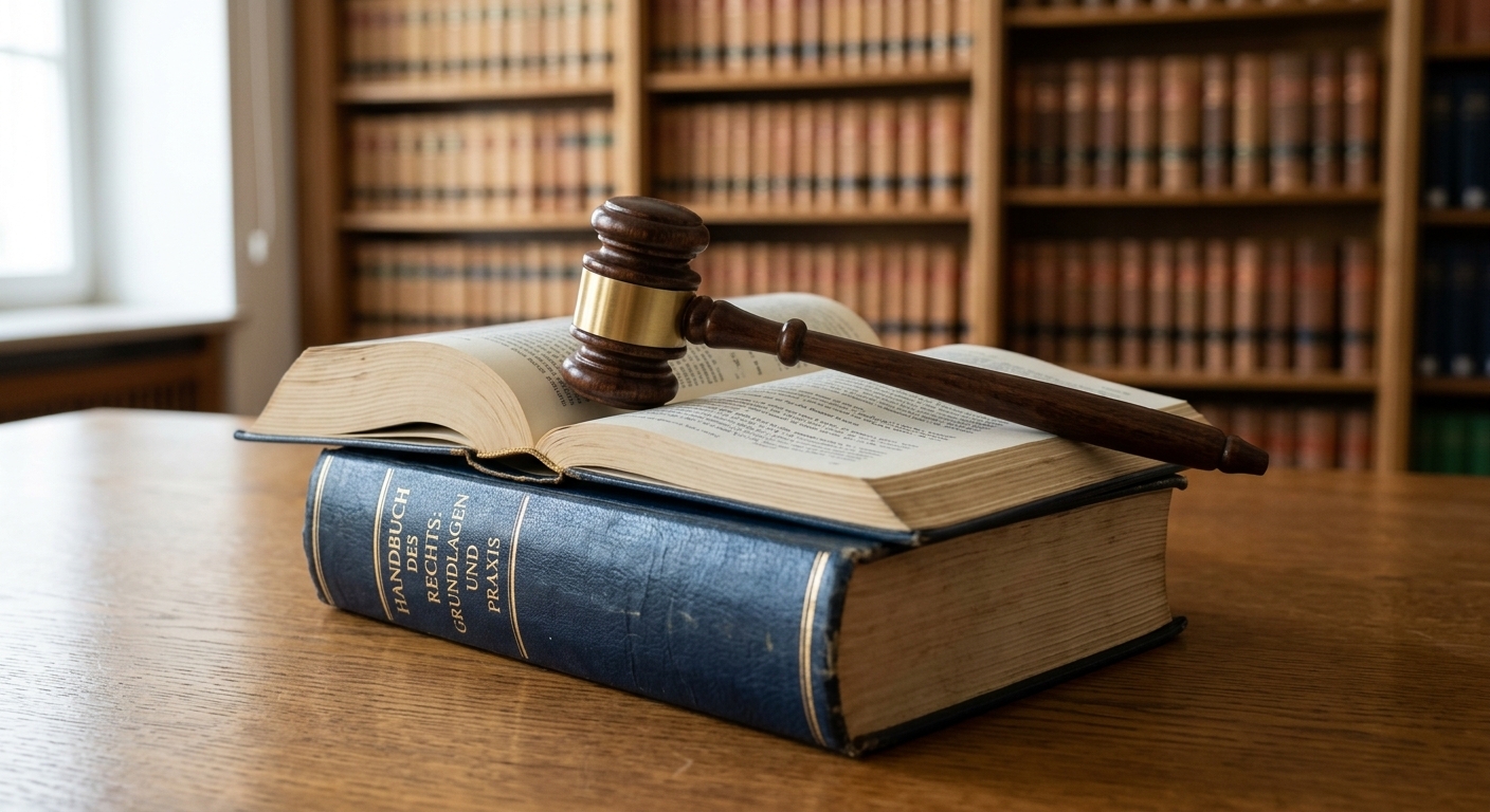 Eine Darstellung eines Richterschlägels auf einem Gesetzbuch, um die rechtlichen Grundlagen und die Gerechtigkeit im deutschen Rechtssystem zu symbolisieren.